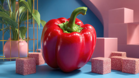 A bold red bell pepper is artistically placed on a colorful surface, surrounded by playful decor elements that enhance its vibrant allure. Perfect for food-themed projects.の素材
