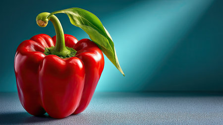A stunning red bell pepper stands prominently against a soft blue background, enhanced by natural light, highlighting its vibrant color and fresh appeal.の素材