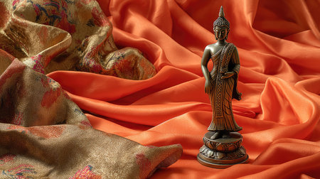 A captivating bronze Buddha statue stands gracefully on rich orange silk fabric. The delicate textures and patterns create a serene and tranquil atmosphere, perfect for home decor or artistic representation of spirituality.の素材