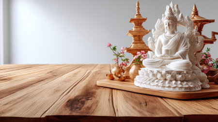 A serene white Buddha statue placed on a wooden table, complemented by decorative wooden elements and delicate flowers, showcasing a peaceful and tranquil ambiance perfect for meditation or home decor.の素材