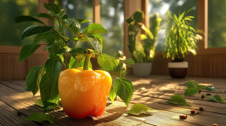 A vivid orange bell pepper rests beside lush green leaves in a tranquil indoor garden. Bright sunlight enhances the fresh, vibrant atmosphere, ideal for healthy living.の素材