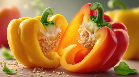 A vibrant display of sliced yellow and red bell peppers reveals their inner texture and seeds, set against a softly blurred background, perfect for food-related content.の素材