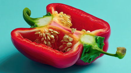 This image features a freshly cut red bell pepper, halved to showcase its seeds and inner texture, against a vibrant blue background. Perfect for food-related content.の素材