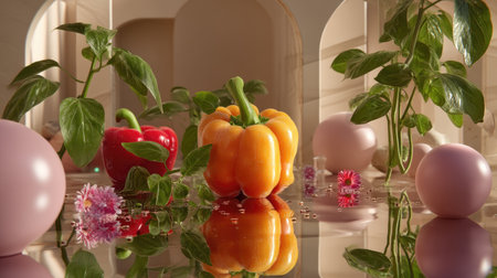 A captivating still life composition showcasing vibrant bell peppers, decorative plants, and elegant elements reflecting a modern interior design aesthetic.の素材