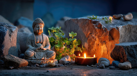 A peaceful Buddha statue sits amidst warm candlelight and natural stones, creating a tranquil meditation space for reflection and serenity.の素材
