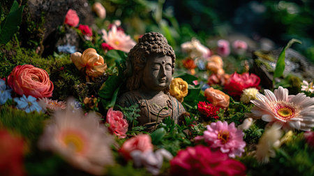 A serene Buddha statue sits amidst a vibrant array of flowers, creating a tranquil atmosphere. This captivating scene evokes peace and mindfulness, perfect for promoting meditation and nature themes.の素材
