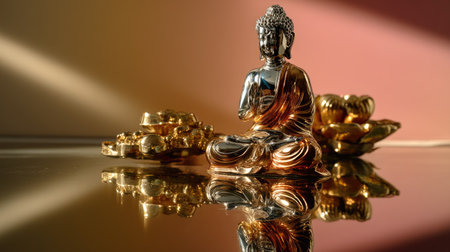 This image features a serene Buddha statue crafted from silver and gold, placed on a reflective surface. The soft gradient background creates a calming atmosphere, perfect for themes of meditation and tranquility.の素材