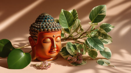 This artistic piece features a serene Buddha sculpture surrounded by delicate flowers and lush green leaves, creating a peaceful ambiance perfect for meditation and relaxation.の素材