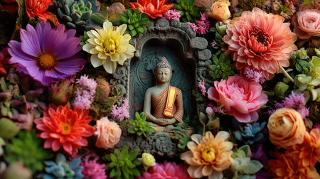 A tranquil Buddha sculpture is gracefully nestled among an array of vibrant flowers, creating a serene and harmonious scene that evokes peace and meditation.の素材