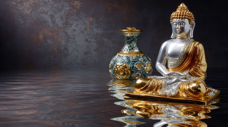 A stunning Buddha statue in gold and silver sits beside an ornate vase, creating a peaceful atmosphere over a reflective water surface. The textured background enhances the serene ambiance, making it perfect for meditation and artistic decor.の素材