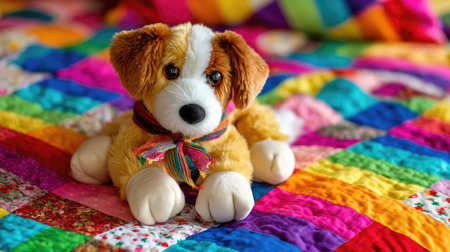 This charming plush toy dog emits warmth and nostalgia, sitting on a vibrant patchwork quilt, creating a cozy atmosphere perfect for children and playful moments.の素材
