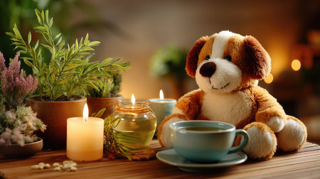 Create a warm and inviting atmosphere with this delightful scene featuring a plush dog toy, calming candles, and a soothing tea cup amidst lush indoor plants.の素材
