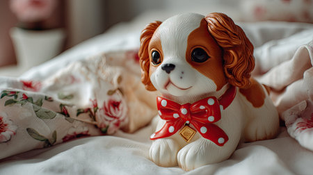 Beautiful and charming dog figurine with a red bow sits on a floral bedspread, adding a touch of warmth and coziness to any home decor.の素材