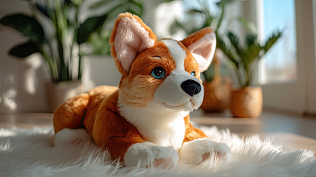 This image features an adorable plush corgi toy resting on a soft rug amidst beautiful indoor plants, enhancing a cozy and inviting atmosphere.の素材