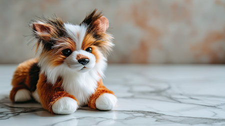 This image features a charming plush corgi toy resting cozily on a marble surface, showcasing its detailed fur and adorable expression. Perfect for gifting.の素材