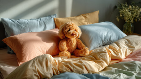A serene bedroom setup featuring a plush toy dog nestled among soft pillows in pastel shades. Natural light enhances the cozy atmosphere, ideal for relaxation.の素材