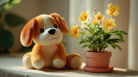 A charming scene featuring an adorable plush puppy beside a bright yellow flower pot, radiating warmth and happiness in soft sunlight, perfect for home decor.の素材