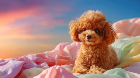 This charming fluffy poodle puppy sits on soft pastel fabric, perfectly capturing the joy of a serene outdoor setting against a stunning sunset backdrop.の素材