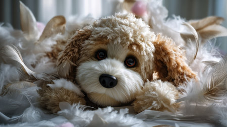 This enchanting image captures a fluffy puppy toy resting amidst soft feathers, creating a serene and cozy ambiance perfect for evoking feelings of warmth and joy.の素材