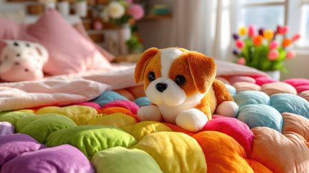 A soft plush dog toy lays on a vibrantly colored quilt in a cozy bedroom, creating a warm and inviting atmosphere perfect for relaxation and childhood play.の素材