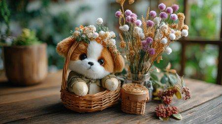 This charming image features a cozy stuffed animal wearing a floral crown, set against a rustic backdrop. Surrounded by delicate dried flowers and wicker decor, it exudes warmth and whimsy, perfect for home decor inspiration.の素材