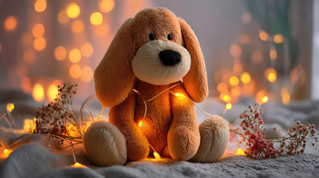 A charming stuffed dog toy illuminated by warm lights creates a cozy atmosphere, surrounded by delicate flowers and soft fabric, perfect for any whimsical setting.の素材