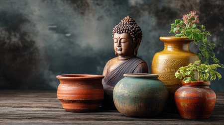 A tranquil arrangement featuring a Buddha statue and various colorful pots with greenery, capturing a peaceful and serene essence for home decor and meditation spaces.の素材