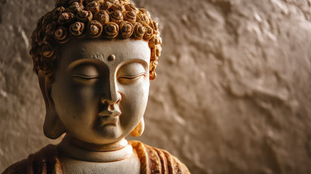 This close-up image of a serene Buddha statue captures the essence of tranquility and mindfulness, showcasing intricate details and soft lighting.の素材