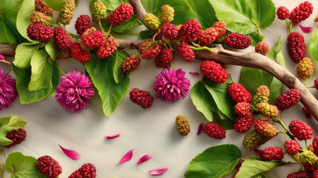 A beautifully arranged composition featuring colorful mulberries and vibrant flowers on a soft surface, complemented by lush green leaves and scattered petals. Perfect for food and nature themes.の素材