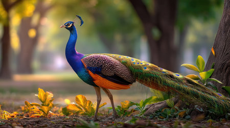 A beautiful peacock stands gracefully amid lush greenery, showcasing its mesmerizing iridescent feathers in a tranquil park during sunset.の素材
