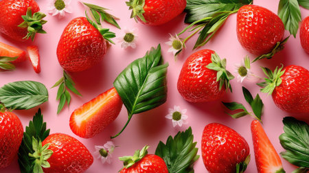 Explore the beauty of fresh strawberries arranged artistically with green leaves and delicate white flowers on a soft pink background.の素材