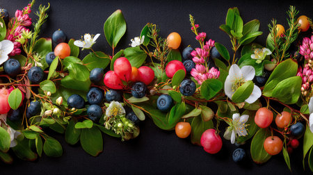 This image showcases a stunning and vibrant arrangement of various berries and edible flowers, highlighting nature's beauty and freshness. Perfect for food and lifestyle themes.の素材