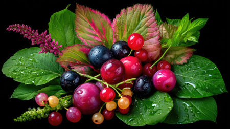 A stunning arrangement of assorted fruits featuring an array of colors and textures, complemented by lush leaves and glistening water droplets.の素材