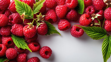 A beautiful arrangement of fresh, ripe raspberries with lush green leaves on a light gray background, ideal for food photography or healthy recipe inspiration.の素材
