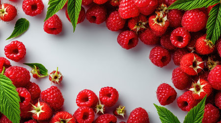 A vibrant arrangement of fresh raspberries and green leaves on a light background. Perfect for culinary themes, healthy eating, or nature-focused projects.の素材