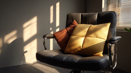 A cozy armchair adorned with colorful cushions sits in a modern interior. Soft sunlight casts warm shadows, creating a peaceful ambiance.の素材