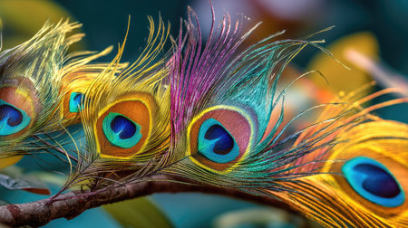 Close-up view of vibrant peacock feathers showcasing a blend of bright colors and intricate patterns, highlighting the beauty of nature.の素材