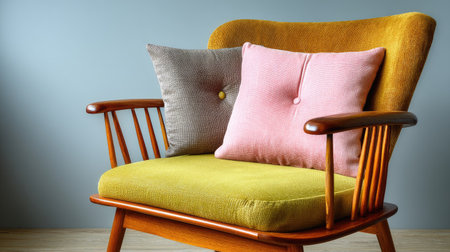 This inviting mid-century style chair features vibrant cushions that enhance any interior. Perfect for adding an eye-catching element to home decor.の素材