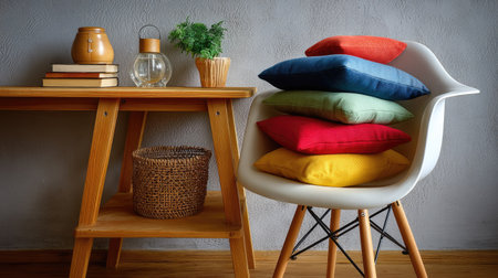 This inviting living room scene features a white chair stacked with colorful cushions, showcasing modern interior design elements and warm accents.の素材