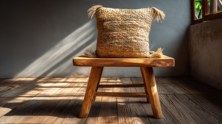 This image features a cozy rustic wooden stool with a woven pillow, beautifully illuminated by sunlight, perfect for interior design ideas.の素材