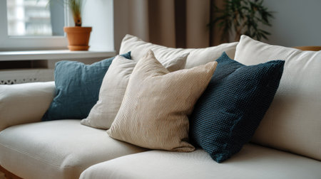 A charming living room setup showcasing a light sofa adorned with a variety of decorative pillows, bringing warmth and comfort to the space.の素材