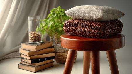A serene arrangement featuring a soft cushion atop a woven basket, resting on a wooden stool, surrounded by natural plants and books, creating a cozy atmosphere.の素材