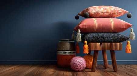 This charming setup features a stack of colorful pillows atop a wooden stand, with decorative pots and yarn adding a warm, inviting touch to any indoor space.の素材