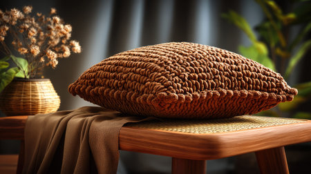 A cozy knitted pillow rests on a wooden table, surrounded by serene decor elements, creating a warm and inviting indoor space.の素材