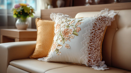 This image showcases a beautifully designed floral decorative pillow resting on a sofa, surrounded by a warm and inviting living room atmosphere.の素材
