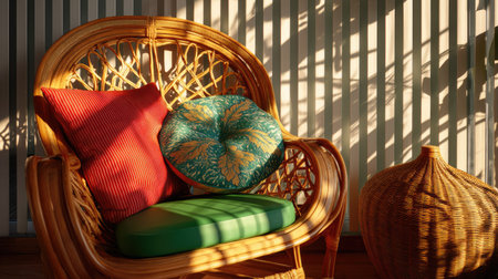 A charming rattan chair adorned with vibrant cushions creates a cozy nook, perfectly illuminated by soft sunlight and intriguing shadows.の素材