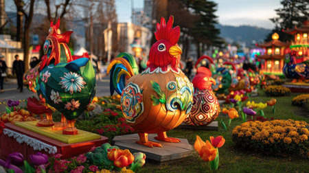 Bright and colorful lantern sculptures of roosters create a festive atmosphere during an evening festival, surrounded by blooming flowers.の素材