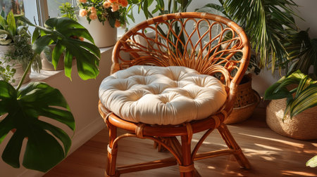 A charming rattan chair with a plush cushion bathed in natural light, surrounded by vibrant indoor plants, perfect for inviting relaxation.の素材