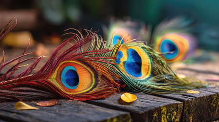 This close-up photograph features vibrant peacock feathers resting on a rustic wooden surface, set against a softly blurred background, highlighting the intricate details and colors of nature's beauty.の素材