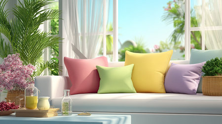 A cozy living room scene featuring vibrant cushions on a sofa by a sunlit window, creating a serene and inviting atmosphere with plants and flowers.の素材
